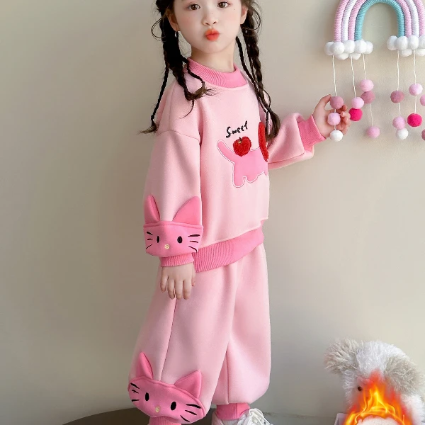 女童加绒套装加厚一体绒儿童卫衣两件套小女孩宝宝秋冬装2025新款