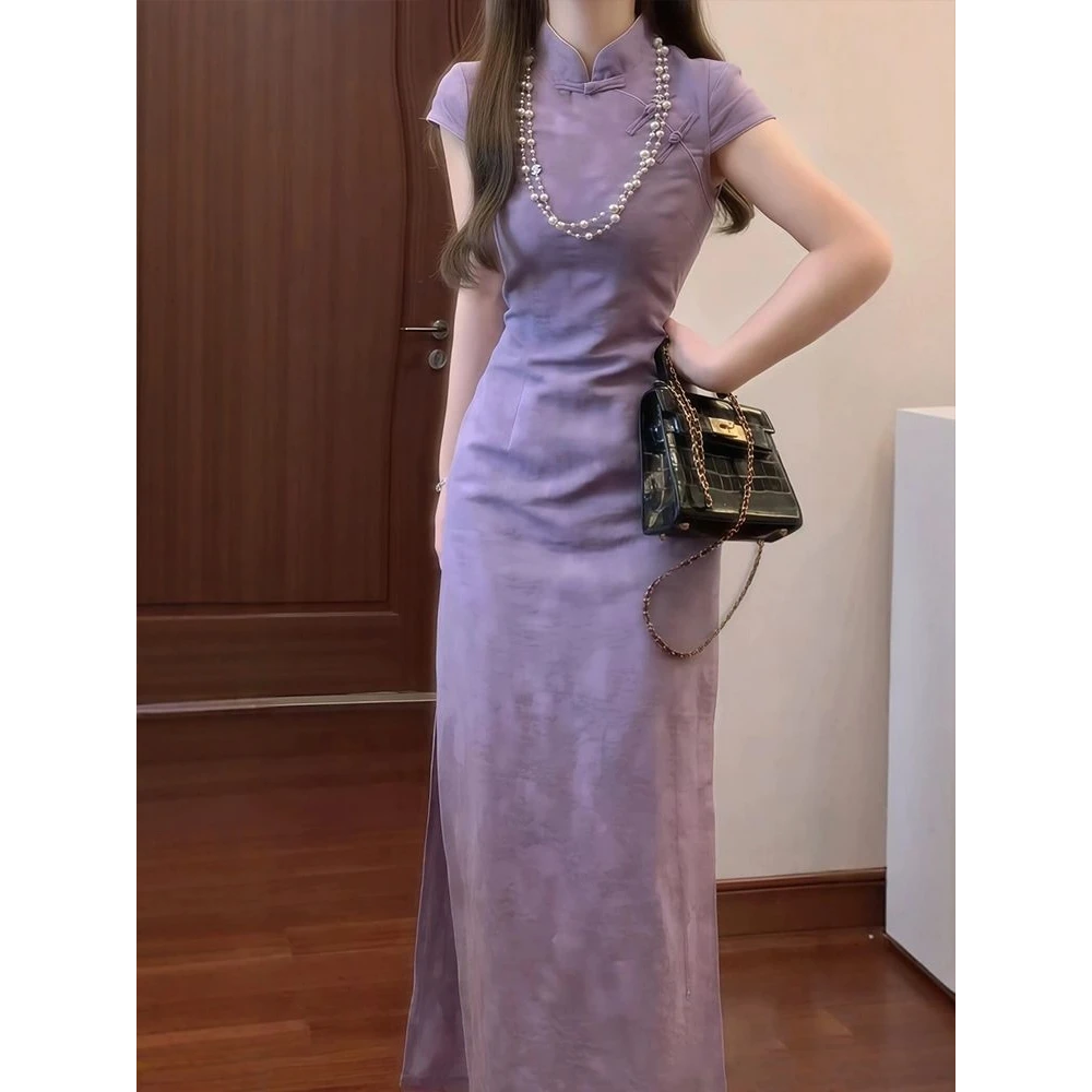 E206新中式女装连衣裙夏季新款大码国风改良旗袍收腰显瘦开叉长裙