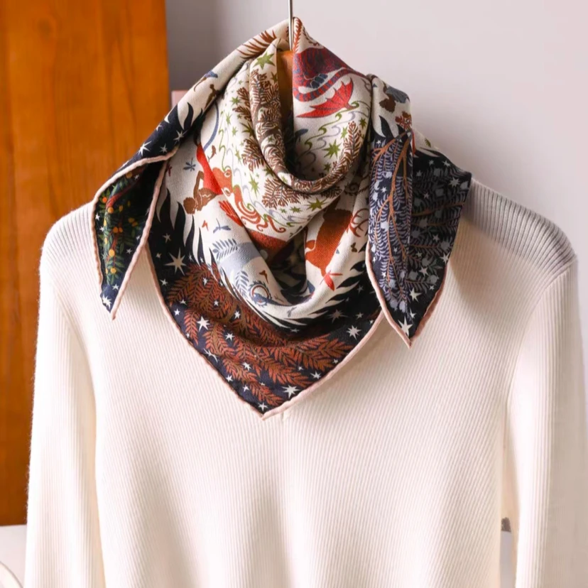 丹语丝绸-玛雅森林-90桑蚕丝澳毛大方巾-87*87洋气时尚百搭复古