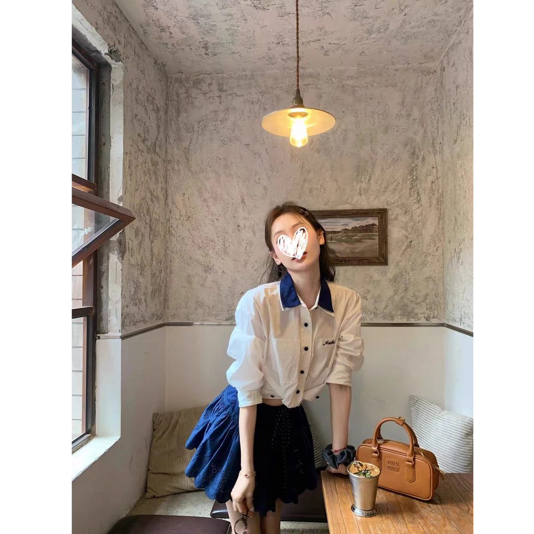 早秋新款学院风双层领扭结衬衣宽松短款上衣+miu系微蓬半身裙套装