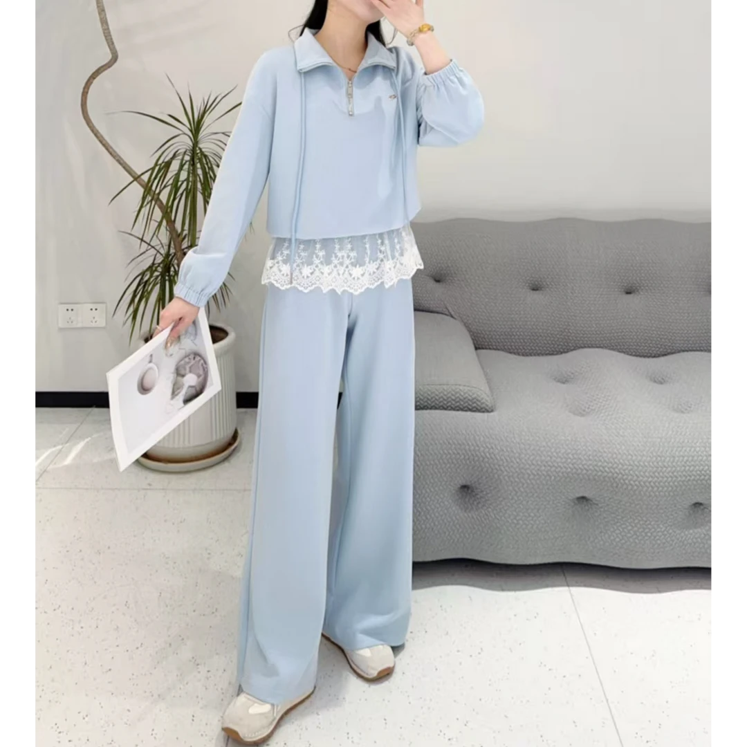 66068【衣长44裤长98】韩系减龄半拉链卫衣配屁帘蕾丝运动裤两件套