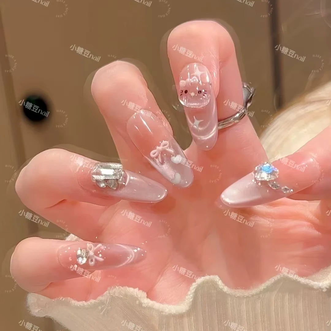 【水晶KT】手工穿戴甲高级纯欲珍珠蝴蝶猫眼显白爆闪贴片美甲