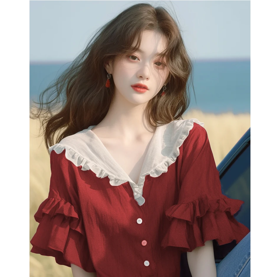 6606夏季流行爆款设计感上衣小众法式宽松显瘦红色荷叶领短袖衬衫