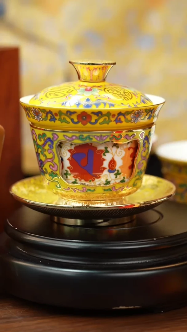 铜六字真言盖碗+送一套福字牌