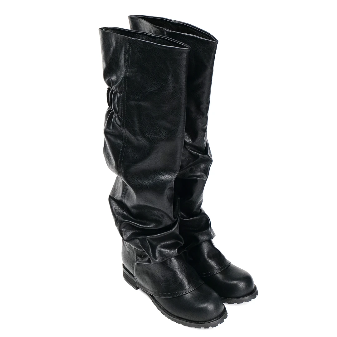 黑色褶皱堆积靴女走秀款堆堆靴粗跟显高中古靴套筒长靴软皮长筒靴