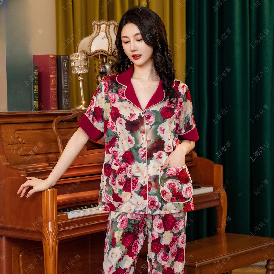 上海同款网红ins风睡衣冰丝短袖长裤夏舒适透气家居服仿真丝薄款