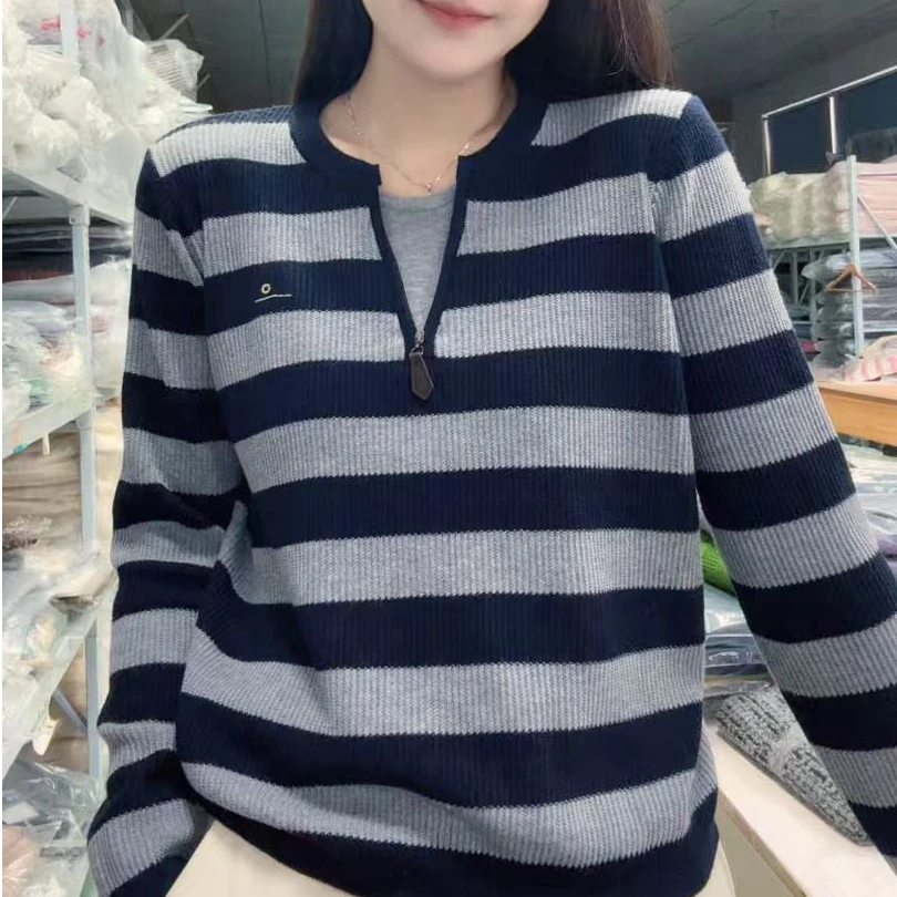 【拉链条纹】2025早秋新款圆领条纹针织衫女宽松显瘦百搭长袖毛衣