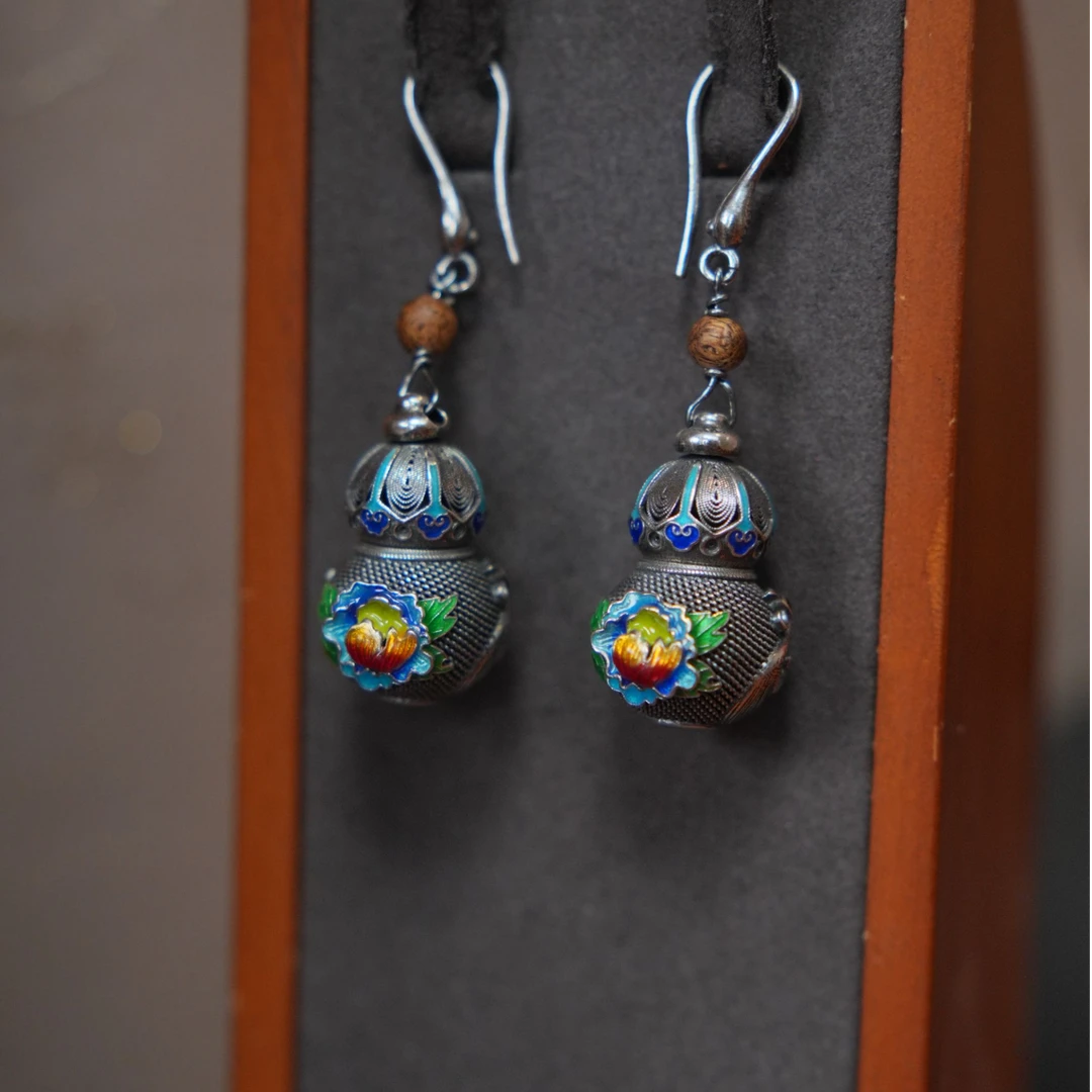 925银耳饰 景泰蓝S925银老银花丝葫芦耳坠