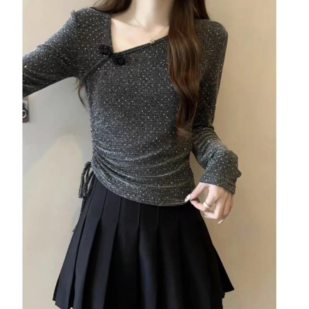 193、中国风盘扣不规则V领T恤女2025夏季洋气小衫抽绳收腰上衣