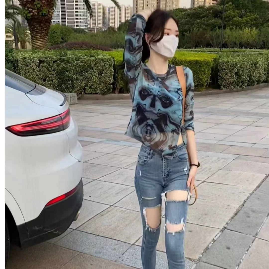 金金家）2025早秋新款百搭洋气显瘦印花网纱长袖T恤-1138#圆领修身