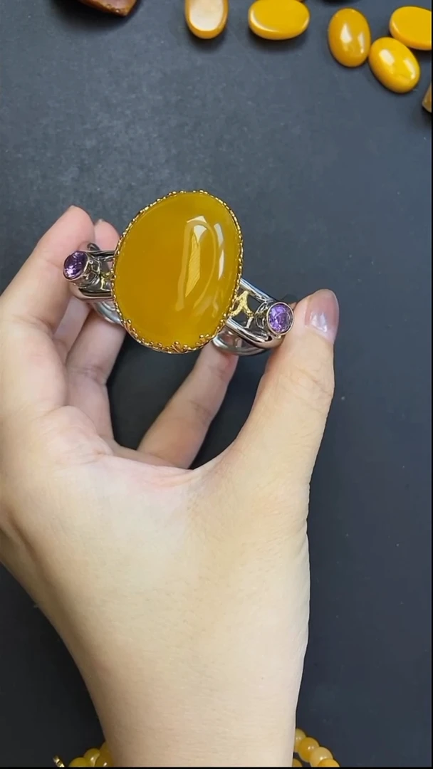 蜜蜡银S925镶嵌手镯（开口镯）手镯