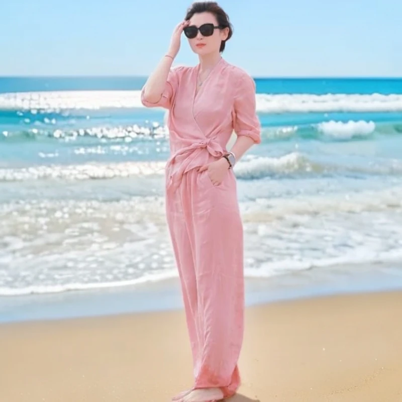 中式简约时尚百搭系带衬衫短上衣+阔腿长裤2025春夏新款粉色套装