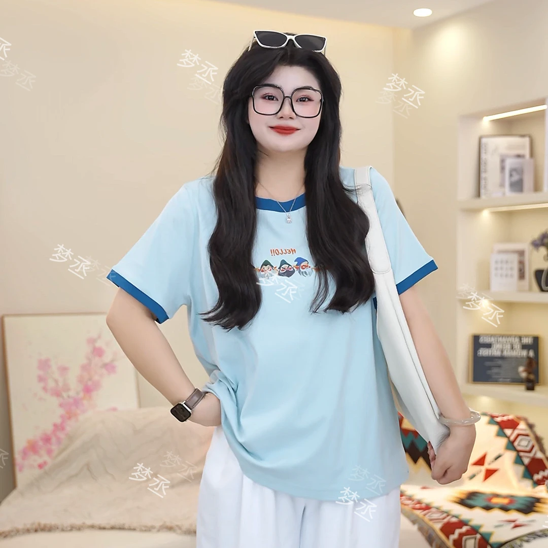 梦丞-胖mm大码女装圆领印花百搭显瘦短袖女款爆款2025新款上衣女