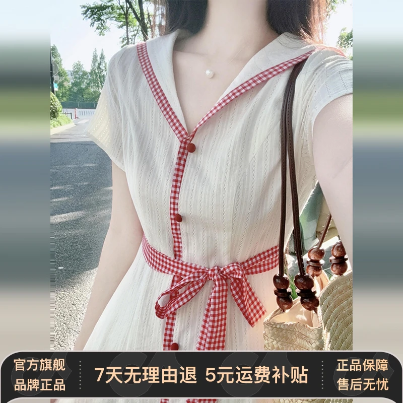 法式白色海军领连衣裙子女夏季2025新款爆款气质绝美独特漂亮长裙