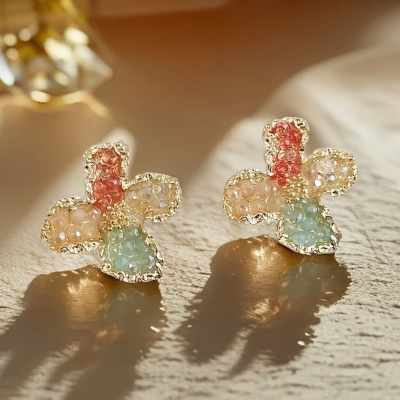 合金耳饰 8号甜美日韩花卉拼色法式少女风耳钉气质温柔简约精致