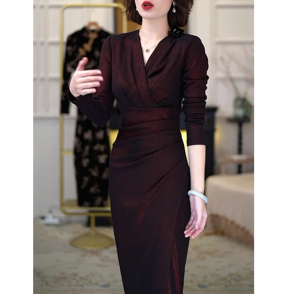 新中式复古改良旗袍连衣裙2025春秋新款优雅修身显瘦中长款包臀裙