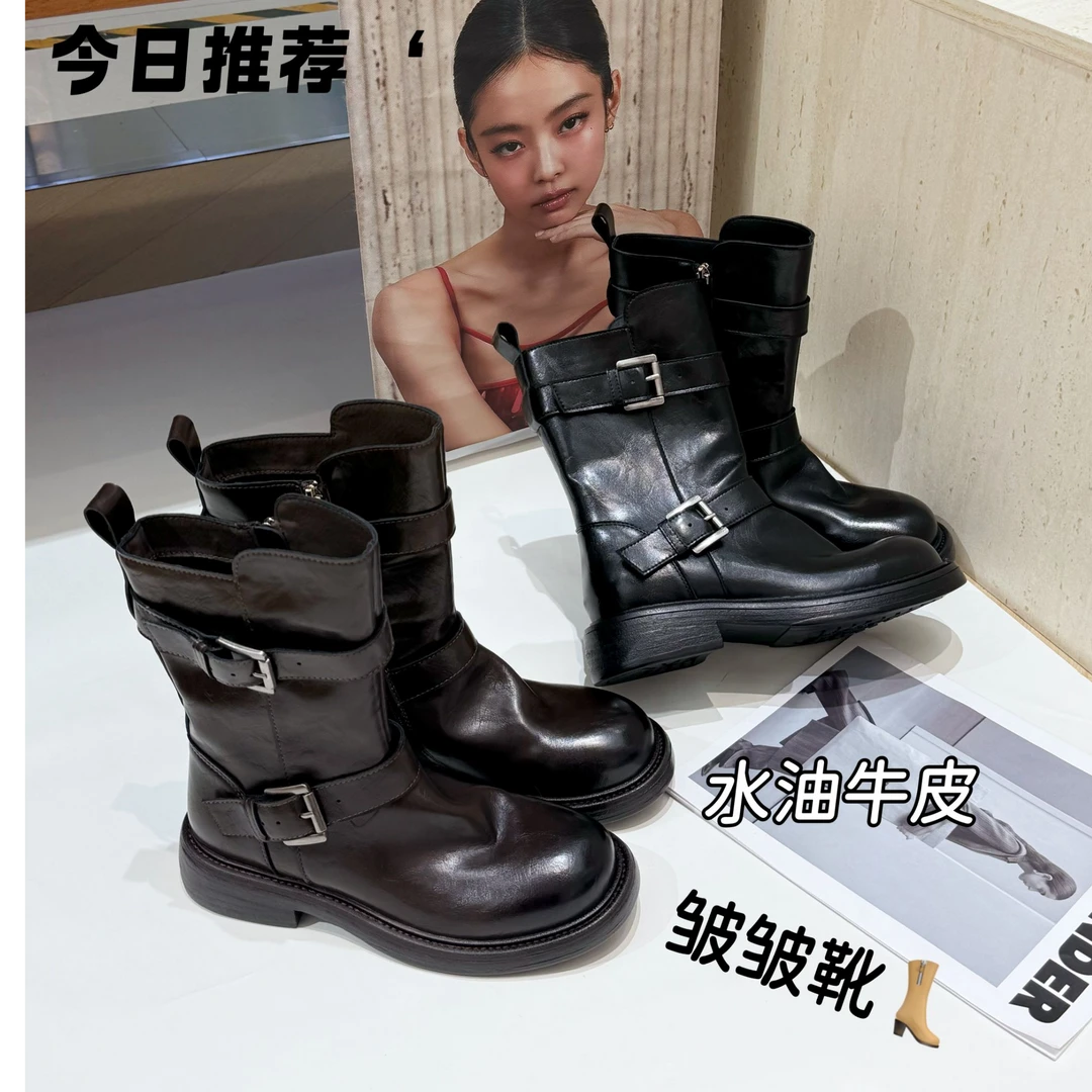 胶粘侧拉链秋冬复古港风圆头短靴厚底女靴英伦风高筒