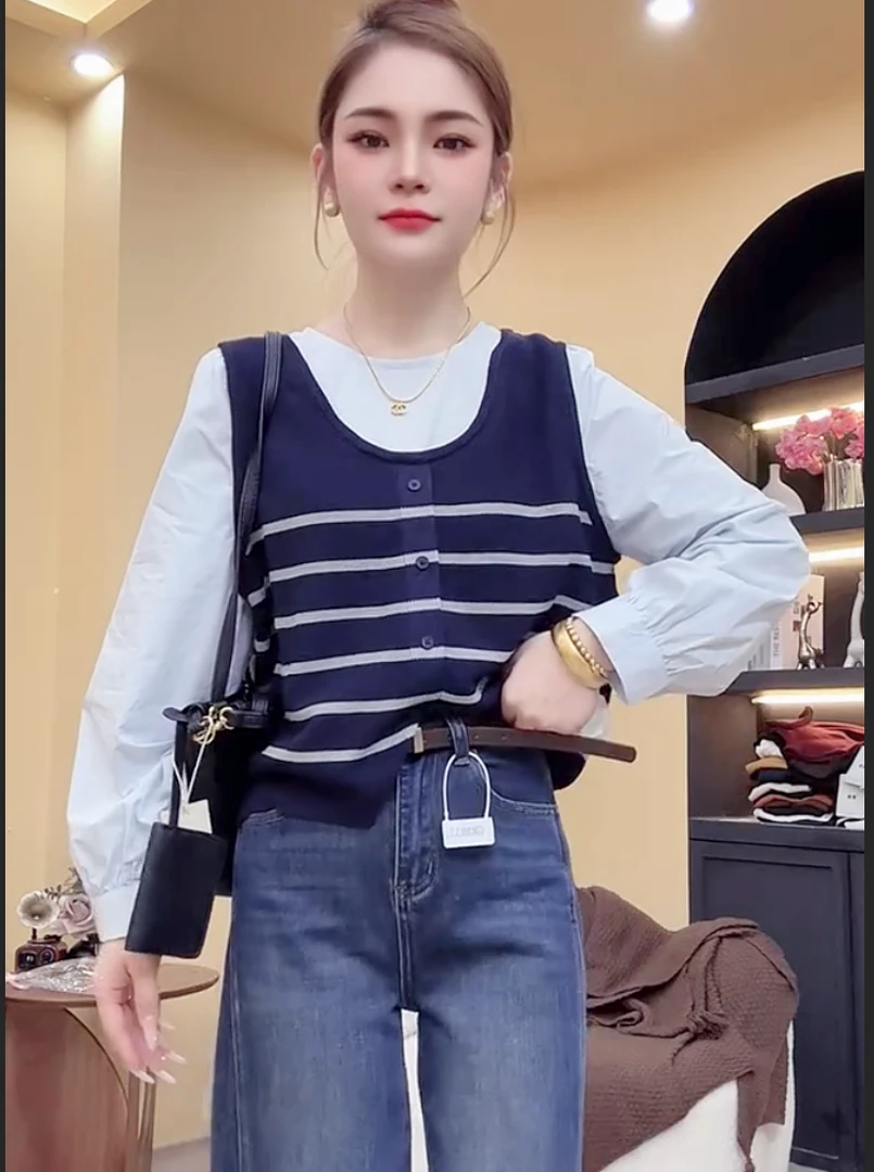 韩版圆领条纹拼接时尚假两件针织衫女百搭休闲上衣潮2025春夏新款