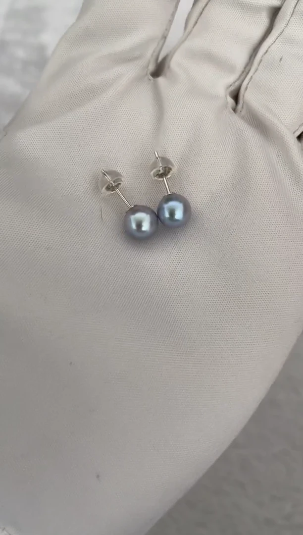 银S925镶嵌海水珍珠耳钉AK真多麻素钉7-7.5mm