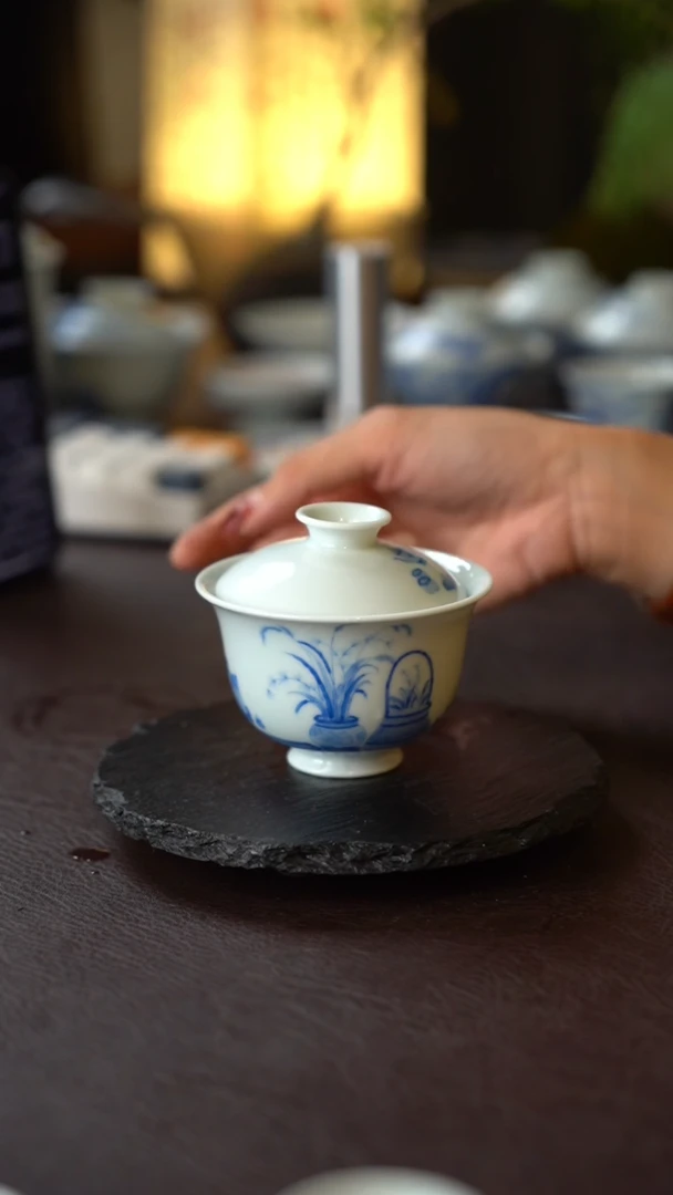 景德镇全手工手绘青花清供二才盖碗