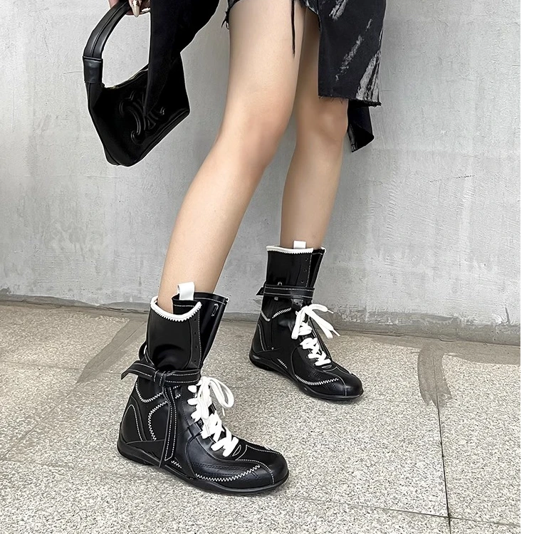 防滑网红厚底百搭增高低跟厚款耐脏马丁靴中筒