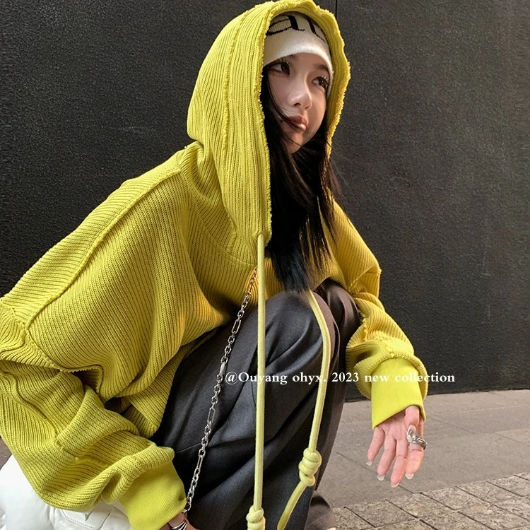 区区欧阳 连帽卫衣女粗帽绳秋季新款设计感小众美式宽松外套上衣
