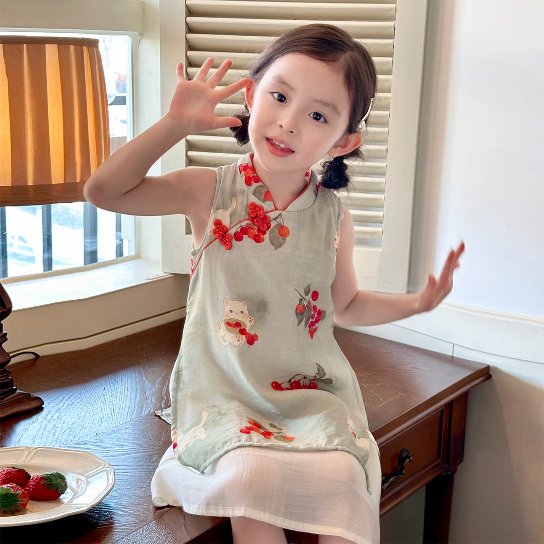 现货【樱桃果】5570女童连衣裙国风新中式夏装时尚显白女宝无袖裙子