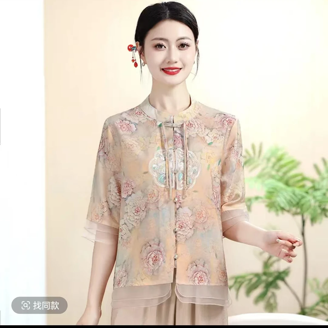 8476-H妈妈夏季新中式气质衬衫宽松中年小衫显瘦中老年女装新仓库