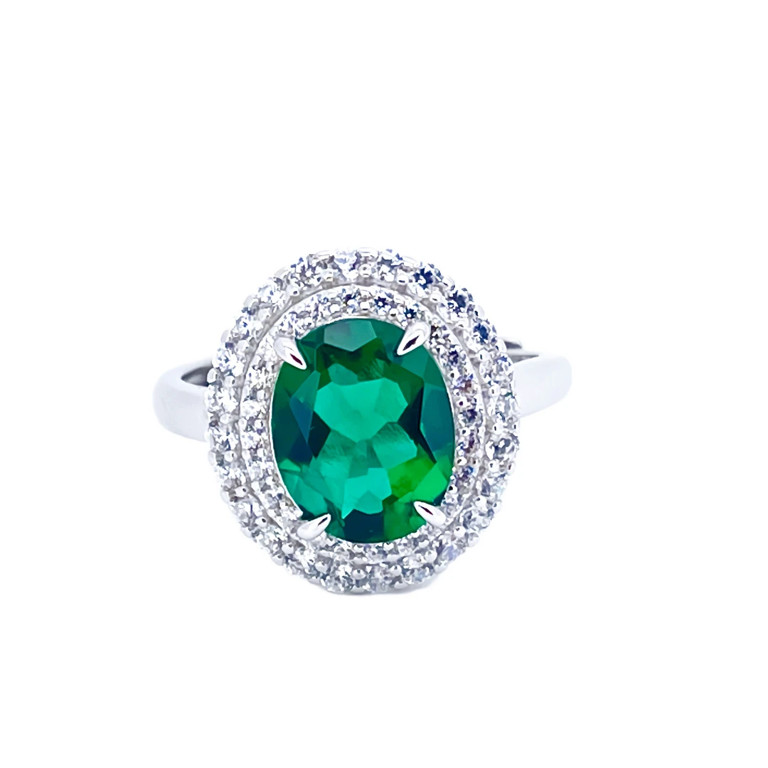 麒盛 培育祖母绿925银培育祖母绿戒指8x1012.24ct 3.31g