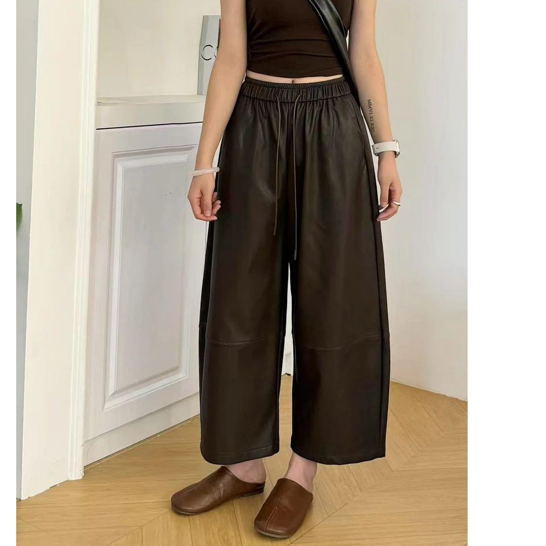 拉夏贝尔抽绳松紧腰九分皮裤女秋冬季2025新款高腰显瘦气质休闲裤