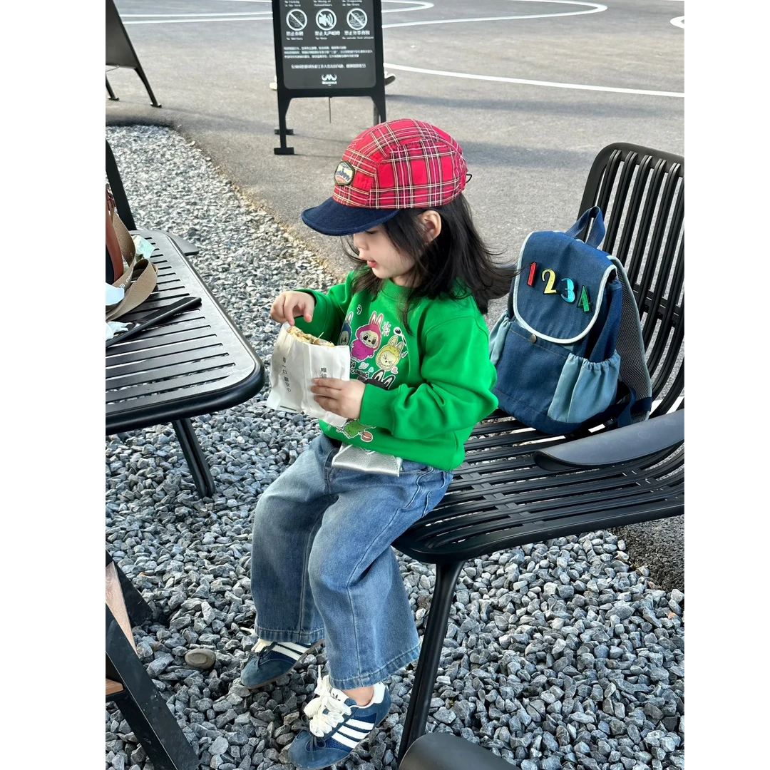 壹妈韩版童装女童秋季套装洋气儿童时髦卡通绿色卫衣蓝色牛仔裤潮