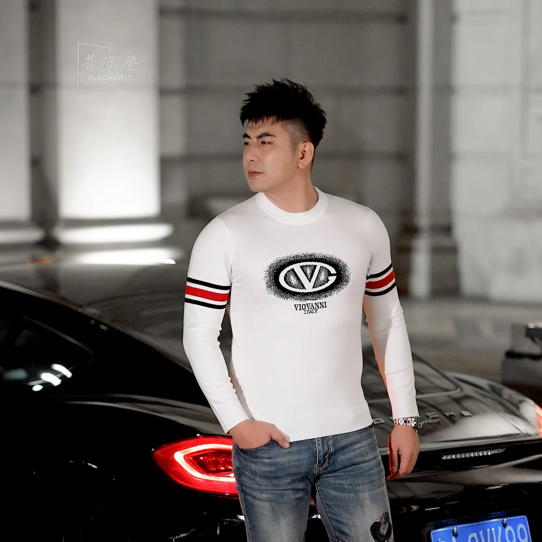 2024秋冬季新款撞色时尚潮流百搭修身字母提花男士长袖休闲针织衫