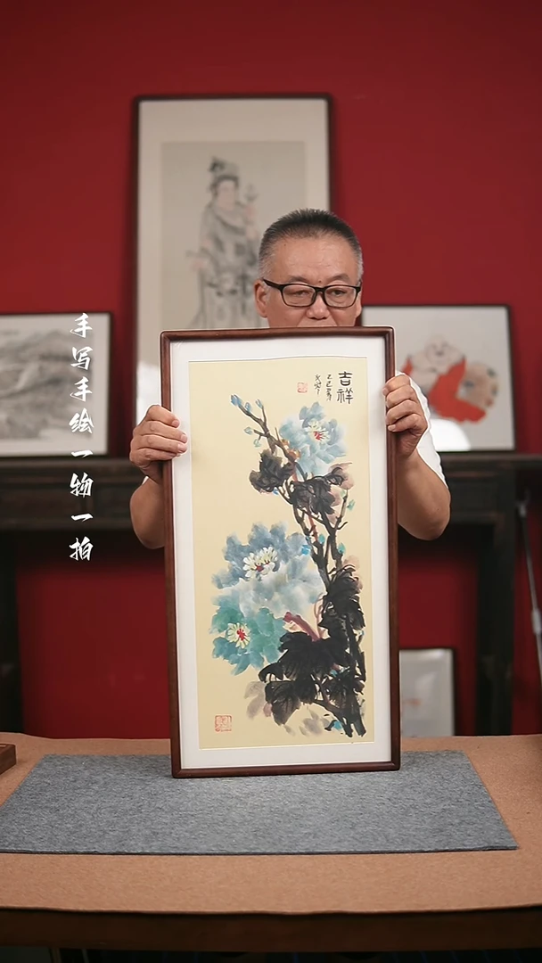 国画手绘-36*69实木框花鸟