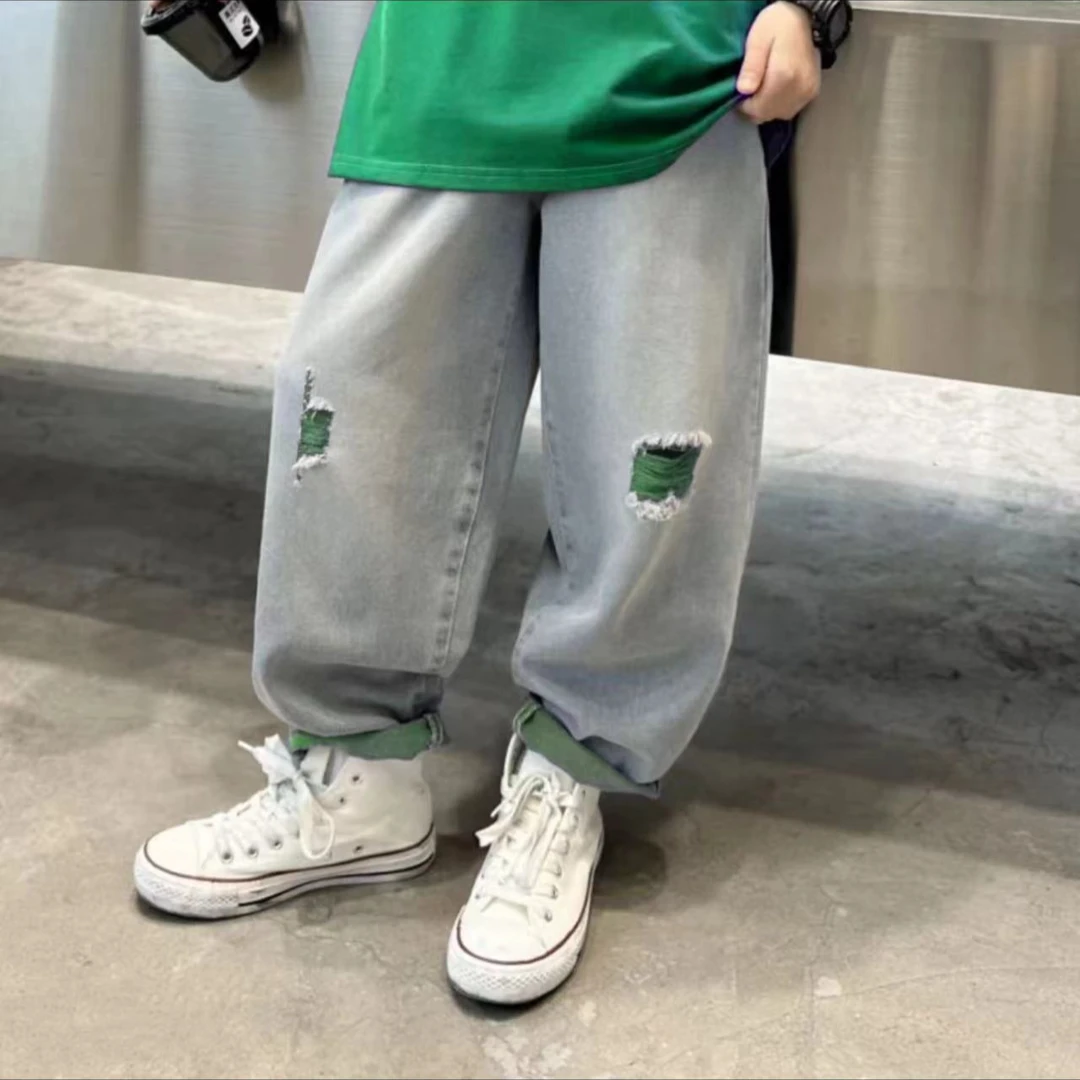 【这个绿色太好看了】2025新款绿色破洞牛仔裤中大童潮流宽松00083