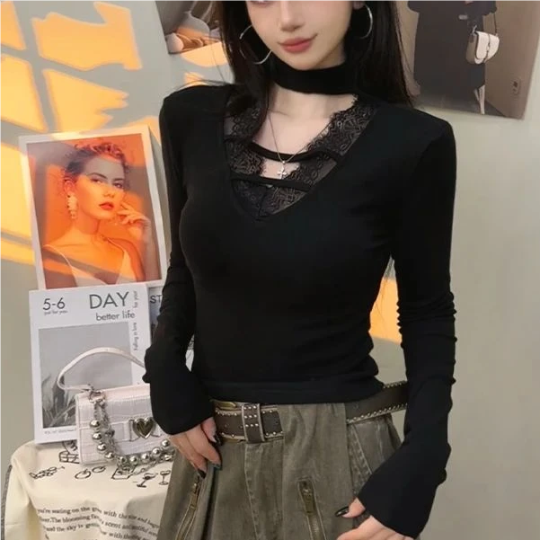 微胖MM大码女装秋冬性感辣妹风内搭长袖T恤V领蕾丝花边磨毛打底衫