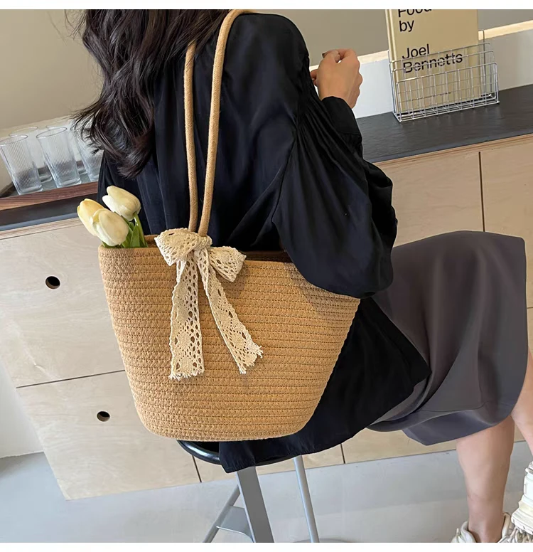 卡其色托特包编织包包简约沙滩肩包单肩托特包夏季包时尚休闲百搭