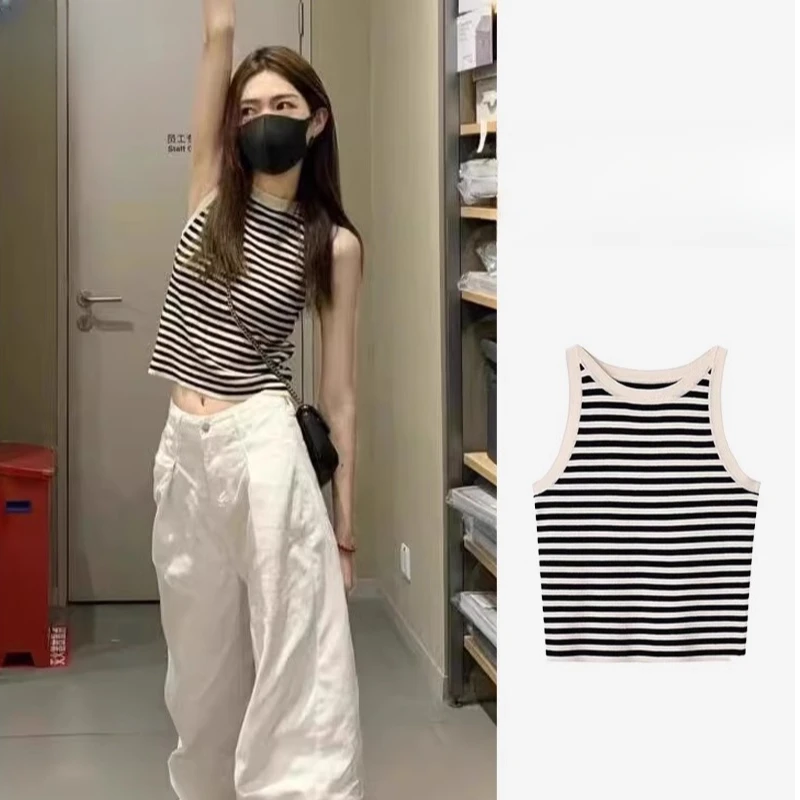 条纹无袖背心女夏季外穿多巴胺打底衫配衬衫的内搭辣妹音乐节穿搭