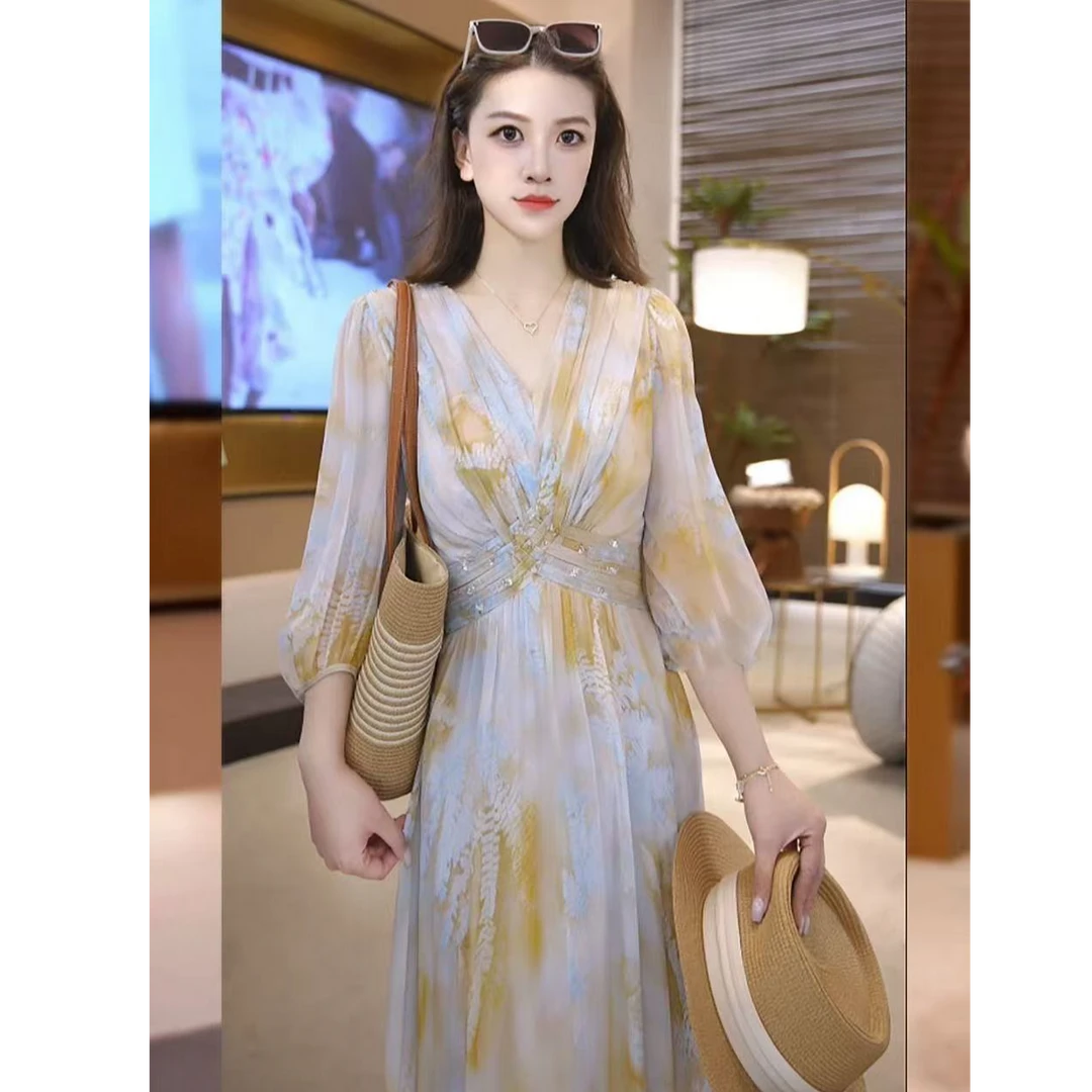 蚕丝绉夏季新款气质扎染印花连衣裙V领时尚收腰显瘦轻奢长裙A532