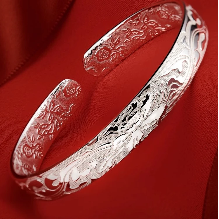 足银手镯 纯银9999繁花似锦手镯妈妈款足银镯子送长辈母亲节礼物