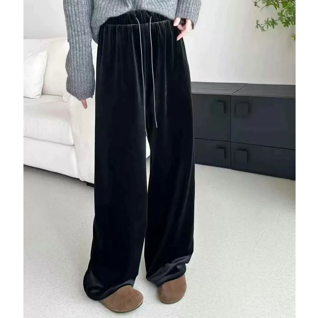 【锦衣服饰】ALZ 532韩系显瘦高腰抽绳植绒阔腿裤
