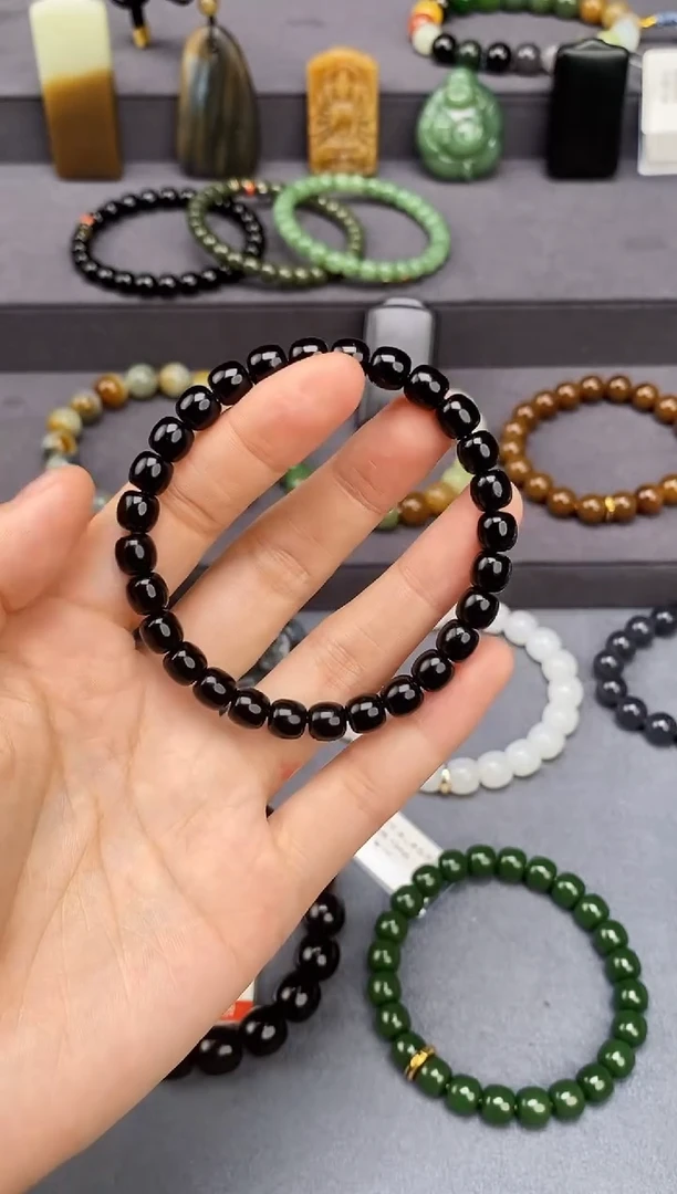 和田玉未镶嵌手串7mm黑青老型手串