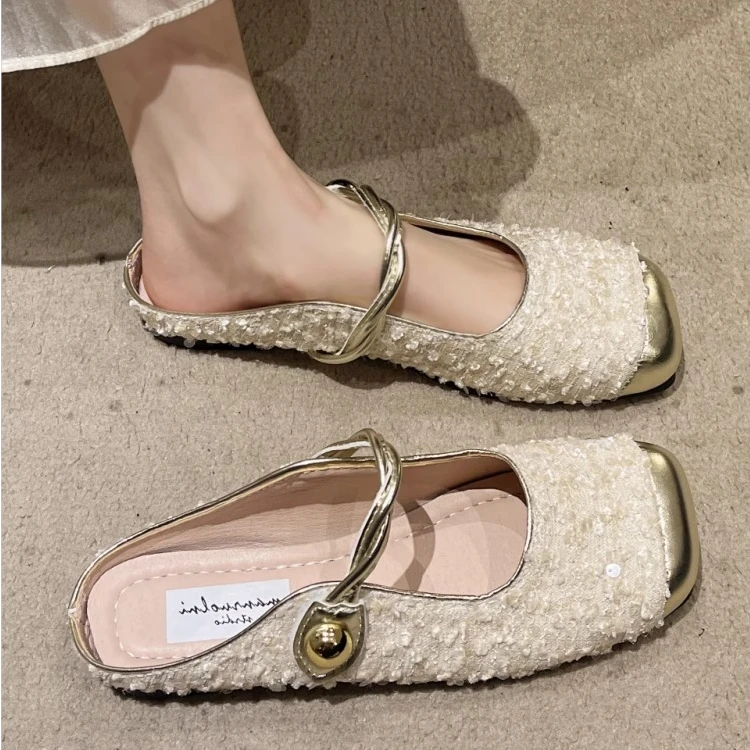 平底跟包头玛丽珍凉拖鞋女2025新款亮片布灵气质凉鞋配裙子半拖鞋