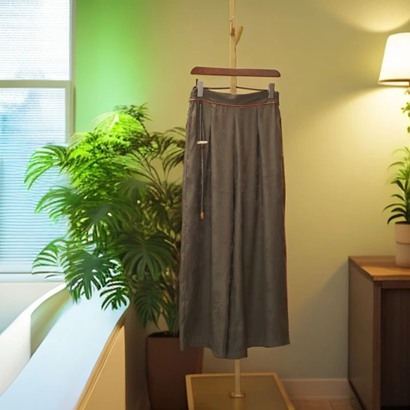 新中式流苏2025年超火提花阔腿裤高腰遮肉显瘦垂坠感女士长裤