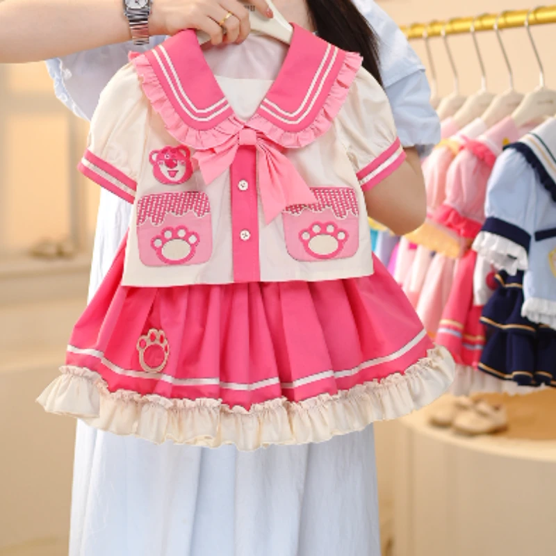常规薄款爱草莓熊单排扣夏季女连衣裙套装可爱长袖制服少女风