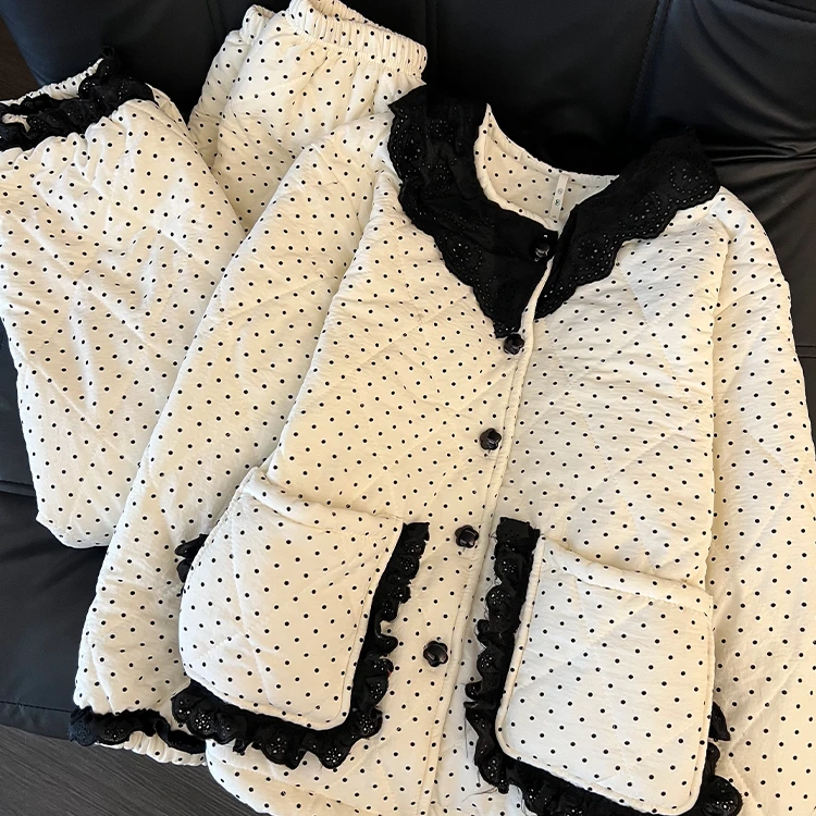 娃娃领蕾丝夹棉保暖睡衣女秋冬波点加绒加厚款棉服保暖家居服套装