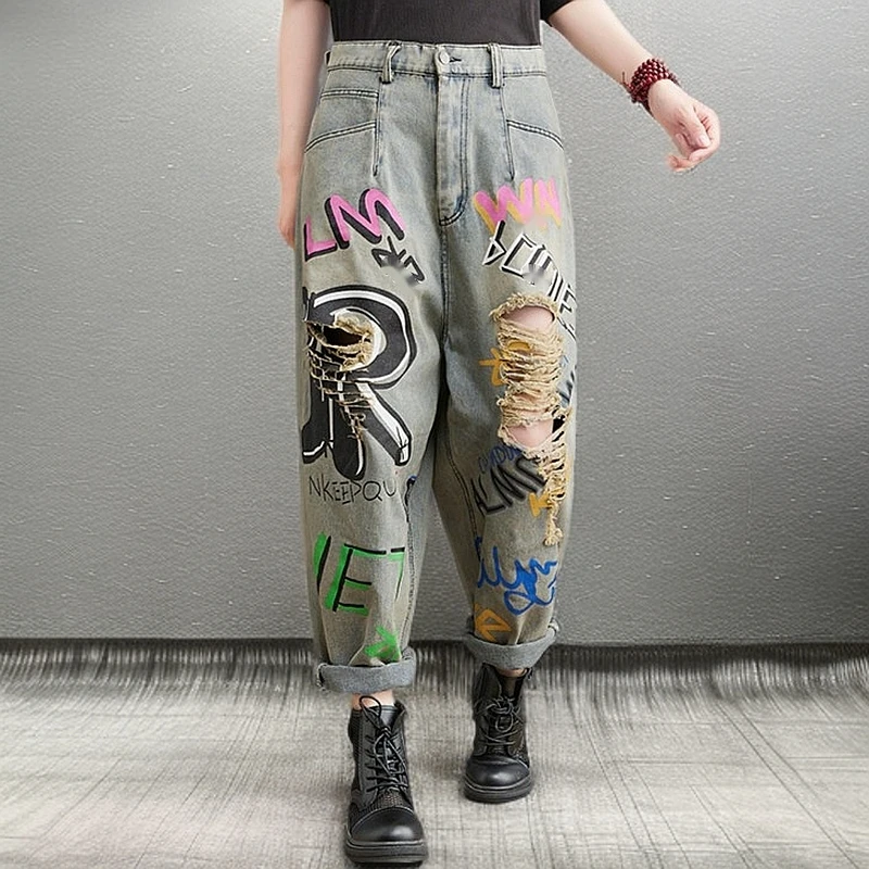 2025春季新款复古休闲破洞印花字母牛仔裤女设计感宽松百搭哈伦裤