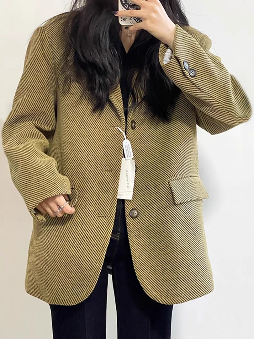 黄色西装斜纹加厚短款毛呢外套女秋冬韩版宽松小个子羊毛呢子大衣