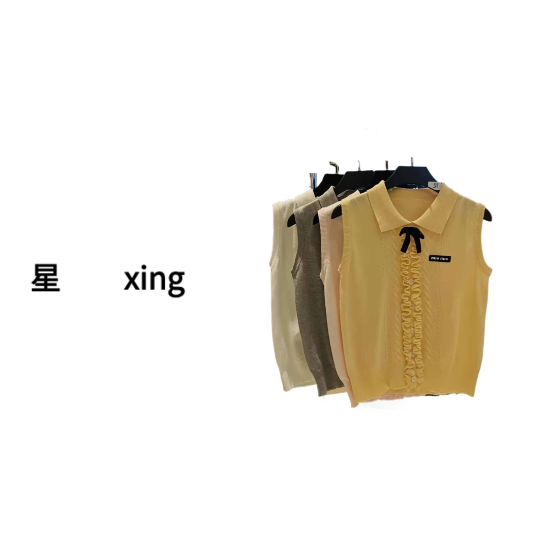 106 M夏季新款小翻领蝴蝶结无袖针织背心上衣55087