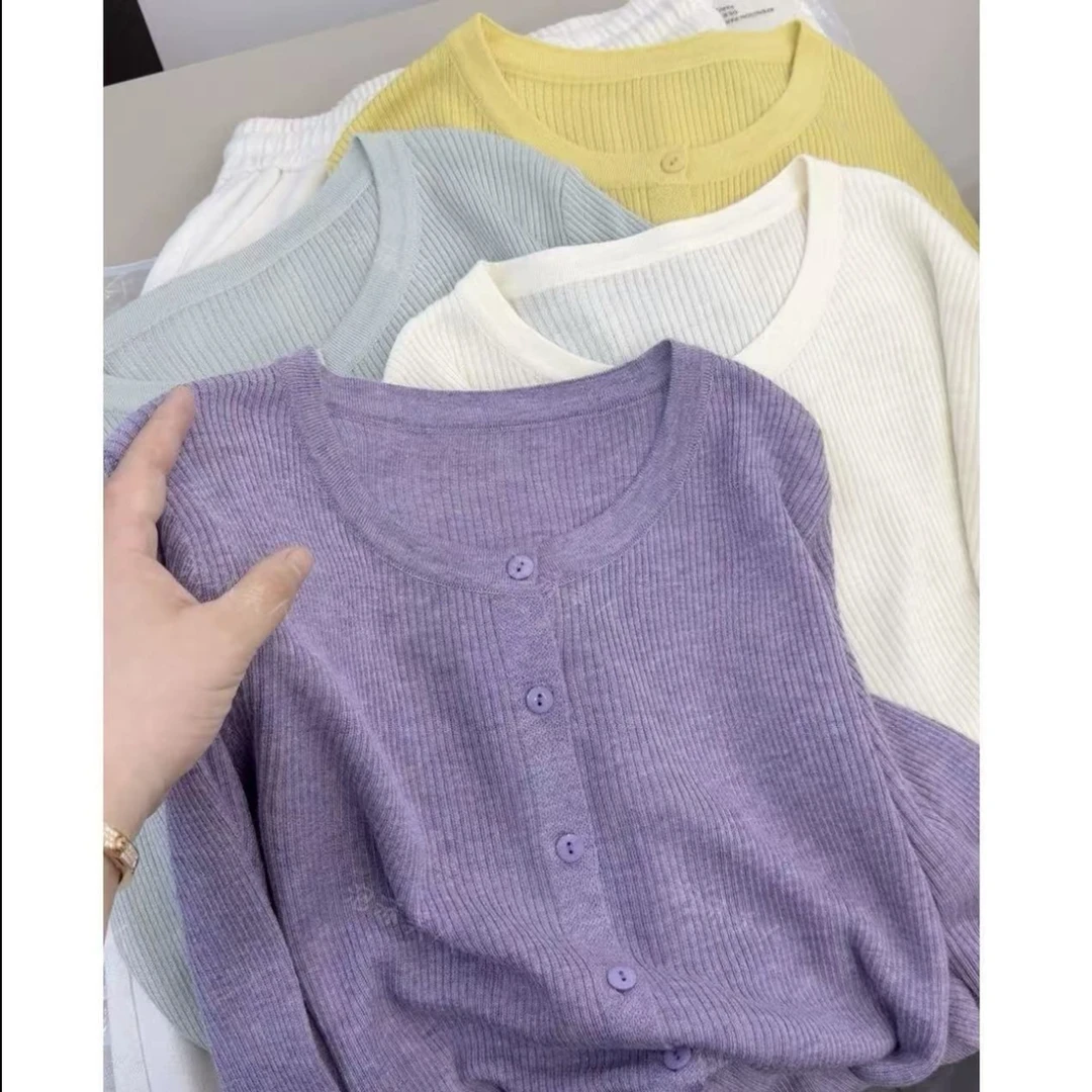 3059【优雅系花紫色开衫】春夏新品薄款针织衫百搭女士上衣