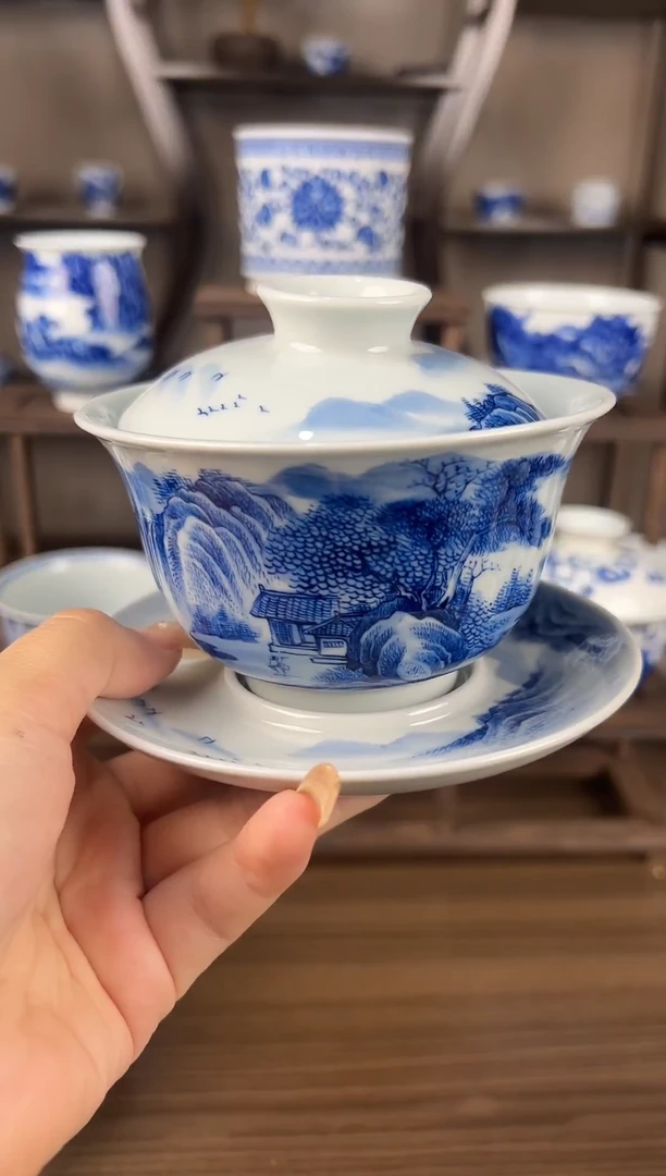 摆件景德镇手工青花陶瓷盖碗